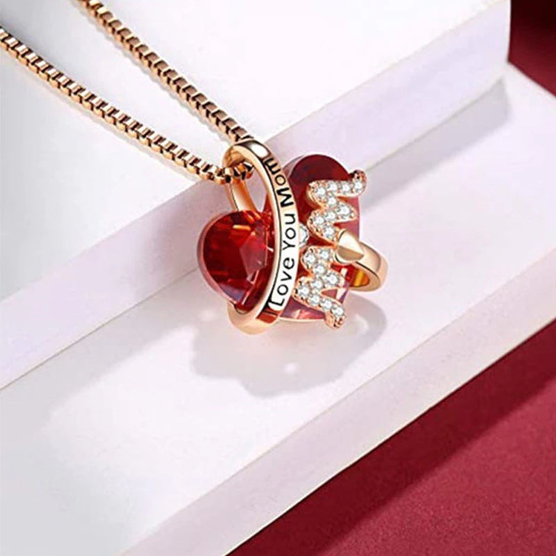 Luxury Fashion "Mom" Pendant Necklace Red Blue Heart Crystal Jewelry Ladies Anniversary Birthday Christmas Mother'S Day Gift