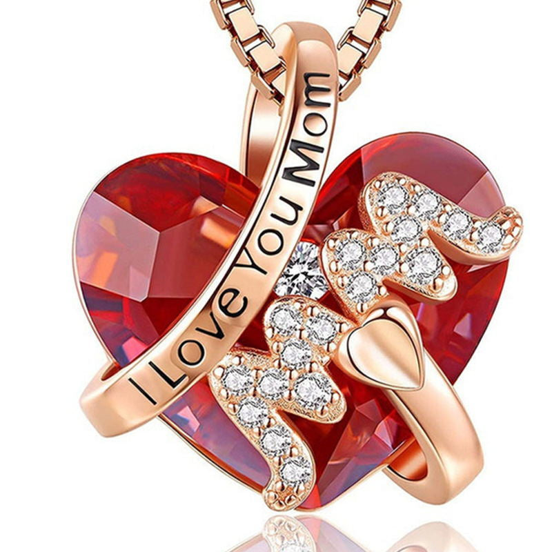 Luxury Fashion "Mom" Pendant Necklace Red Blue Heart Crystal Jewelry Ladies Anniversary Birthday Christmas Mother'S Day Gift