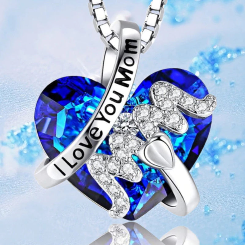 Luxury Fashion "Mom" Pendant Necklace Red Blue Heart Crystal Jewelry Ladies Anniversary Birthday Christmas Mother'S Day Gift