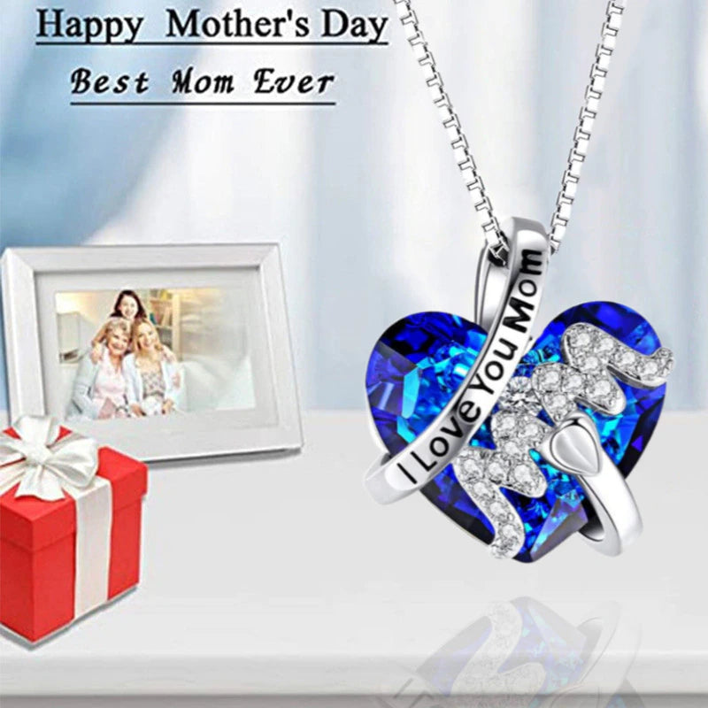 Luxury Fashion "Mom" Pendant Necklace Red Blue Heart Crystal Jewelry Ladies Anniversary Birthday Christmas Mother'S Day Gift