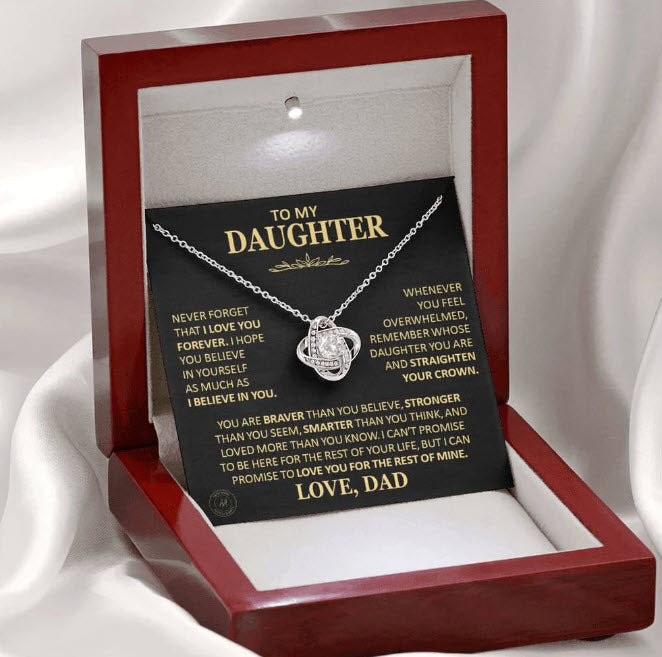 To My Daughter Love Knot Necklace From Dad Never Forget Gold Font