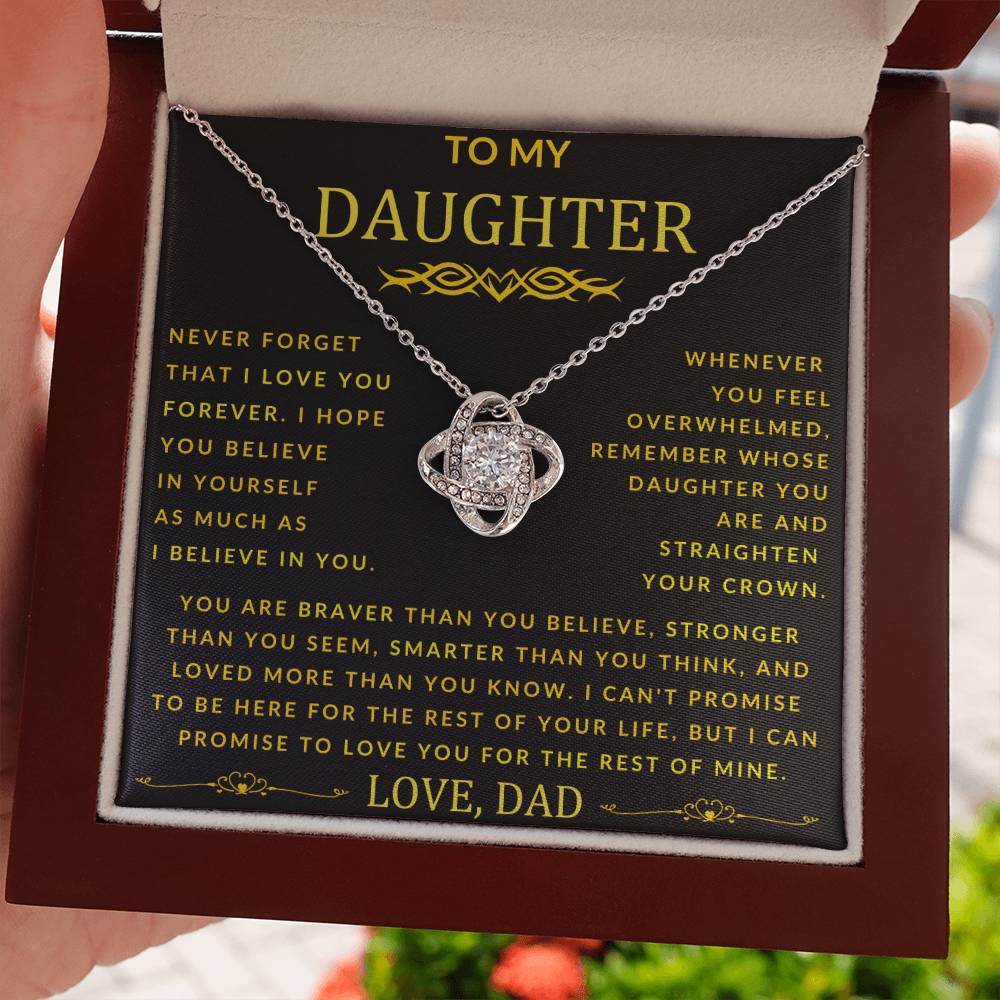 To My Daughter Love Knot Necklace From Dad Never Forget Gold Font