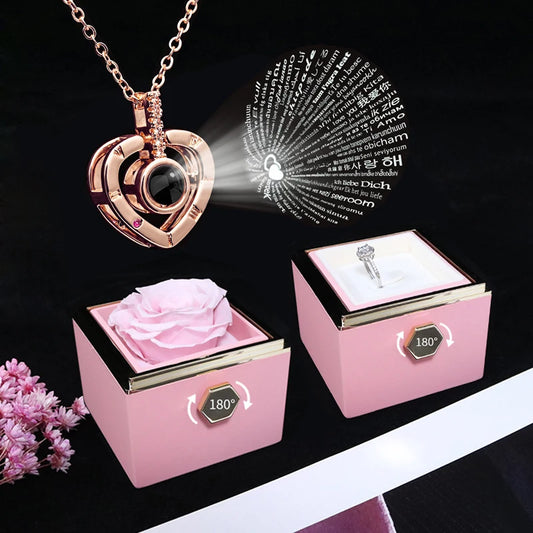 100 Languages I Love You Projection Necklace with Rotating Rose Gift Box 2023 New Creativity Design Romantic Luxury Jewelry Set